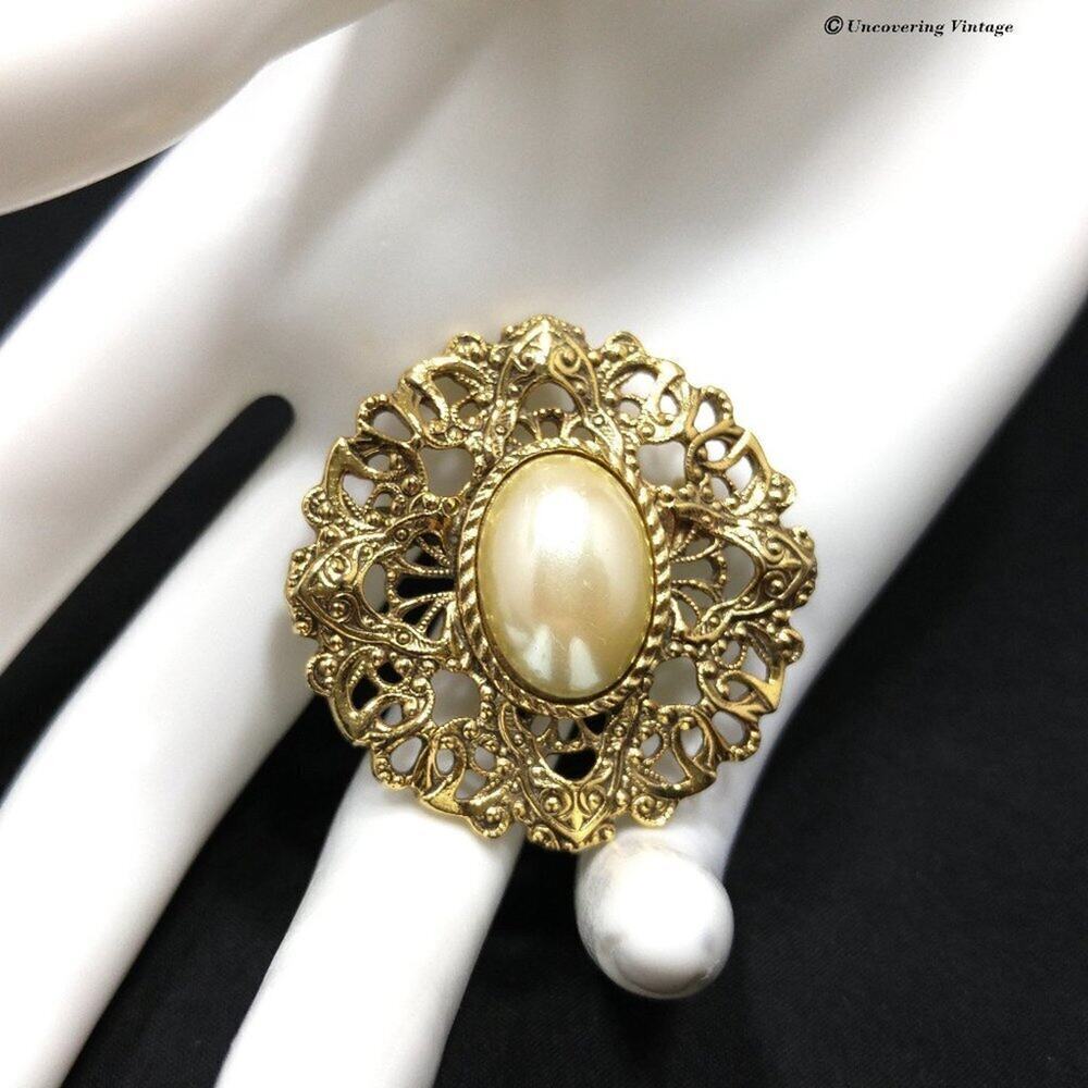 Vintage 1928 Faux Pearl Brooch, Gold Tone Filigree Patterned Back, 1990s, 1 1/2"